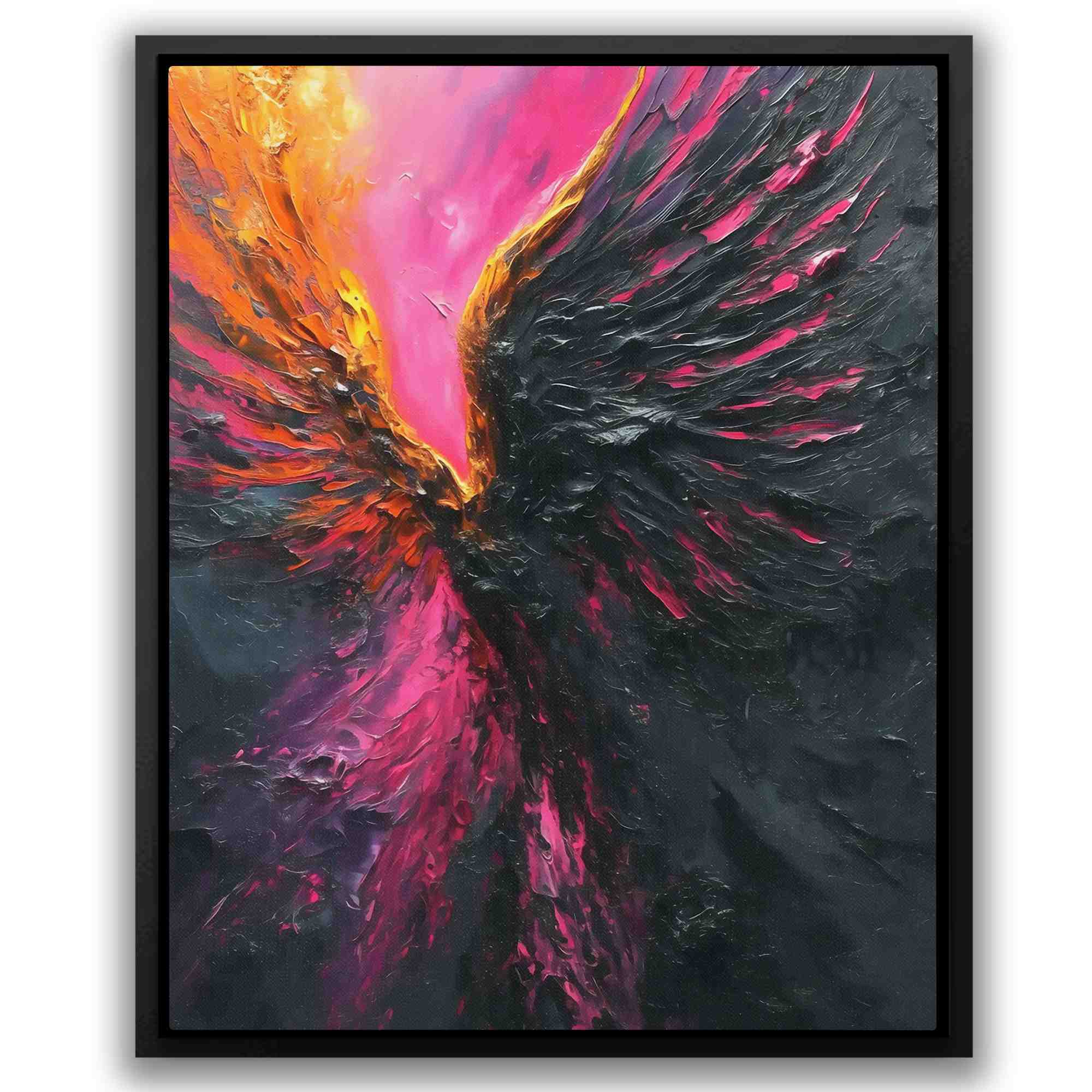 a painting of a large black bird with pink and yellow wings