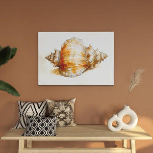 a picture of a seashell on a wall above a table