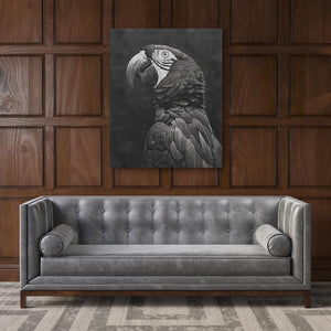 a black and white photo of a parrot on a wall