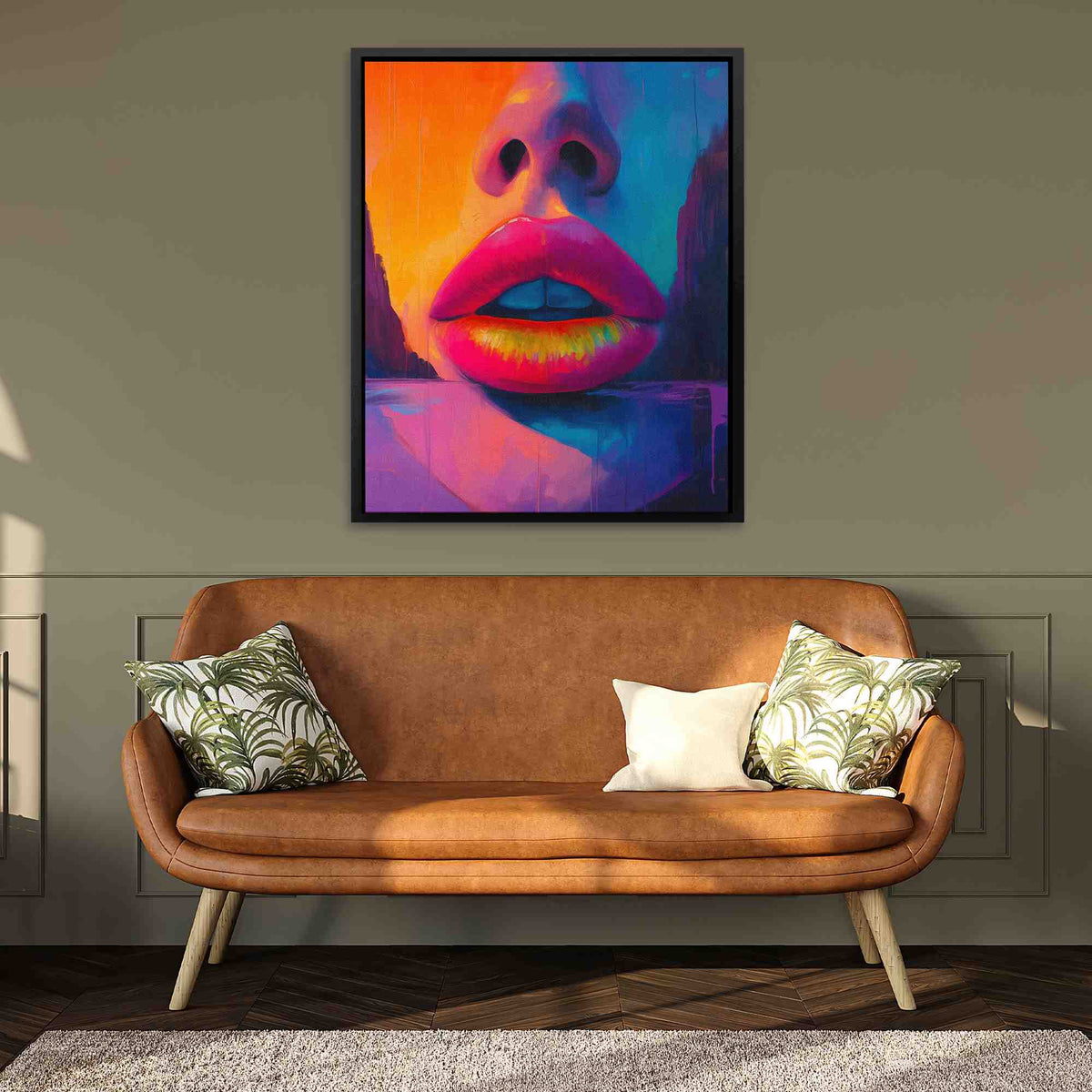 a living room with a couch and a painting on the wall