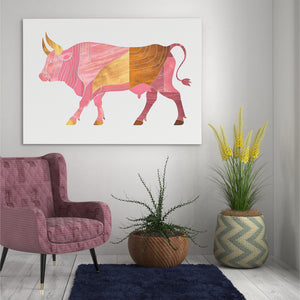 a painting of a pink cow on a white wall