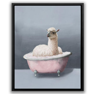 a painting of a llama in a pink bathtub