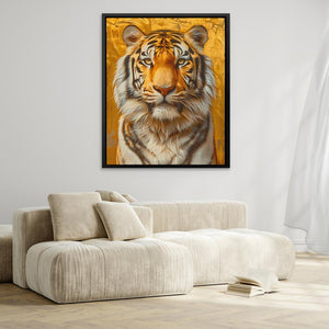 a living room with a couch and a painting of a tiger