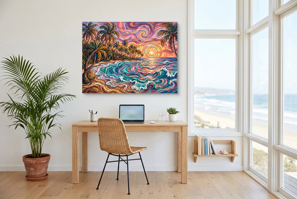 Beach Sunset Swirls — beach sunset swirls office space with desk chair 1land flush print