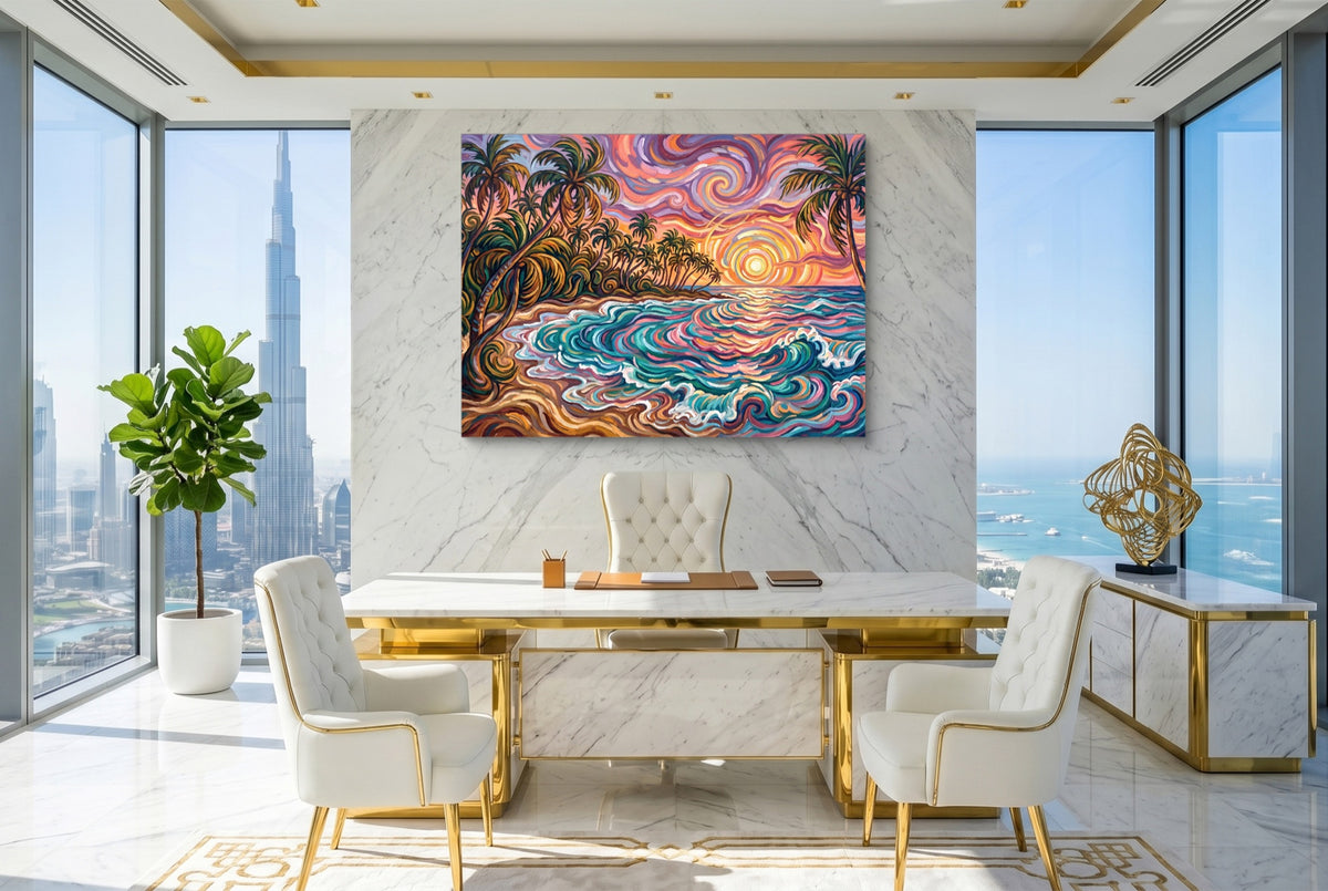 Beach Sunset Swirls — beach sunset swirls office with city view 2 1land flush print