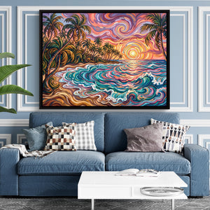 Beach Sunset Swirls — beach sunset swirls sq blue room and walls 1land framed black