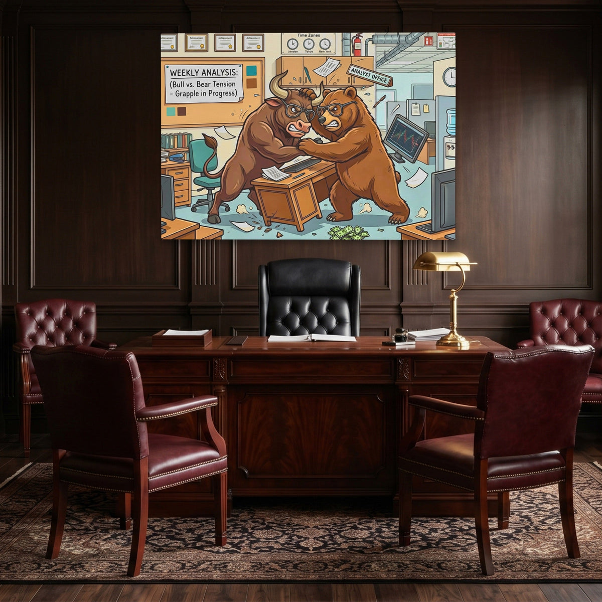 Bear Bull Office Grapple canvas wall art, room view