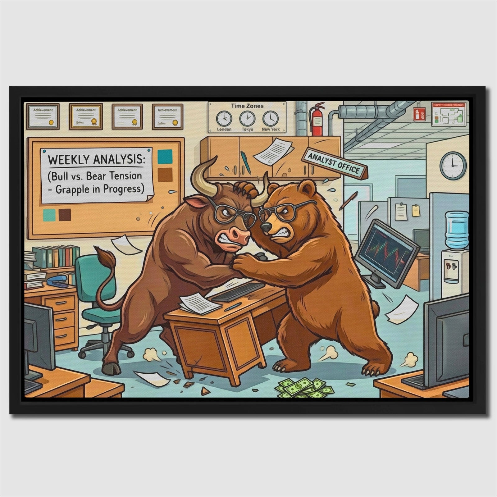 Bear Bull Office Grapple canvas wall art