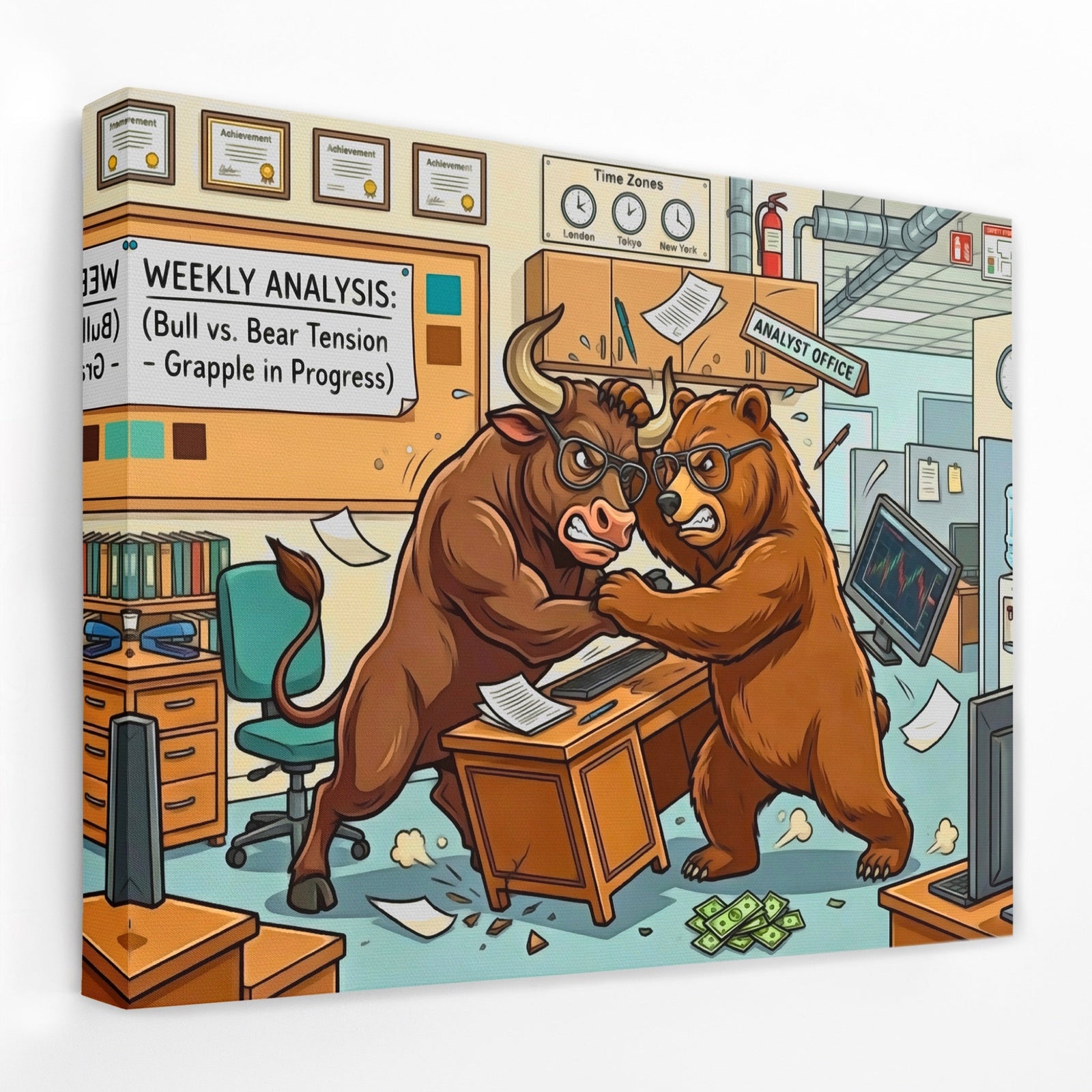 Bear Bull Office Grapple canvas wall art