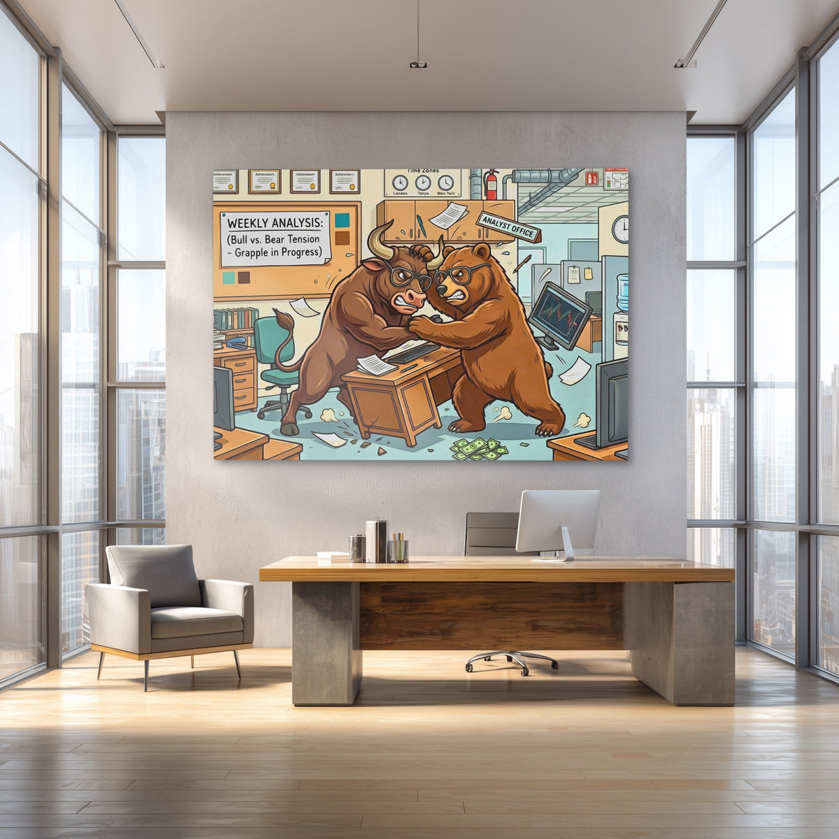 Bear Bull Office Grapple canvas wall art, room view
