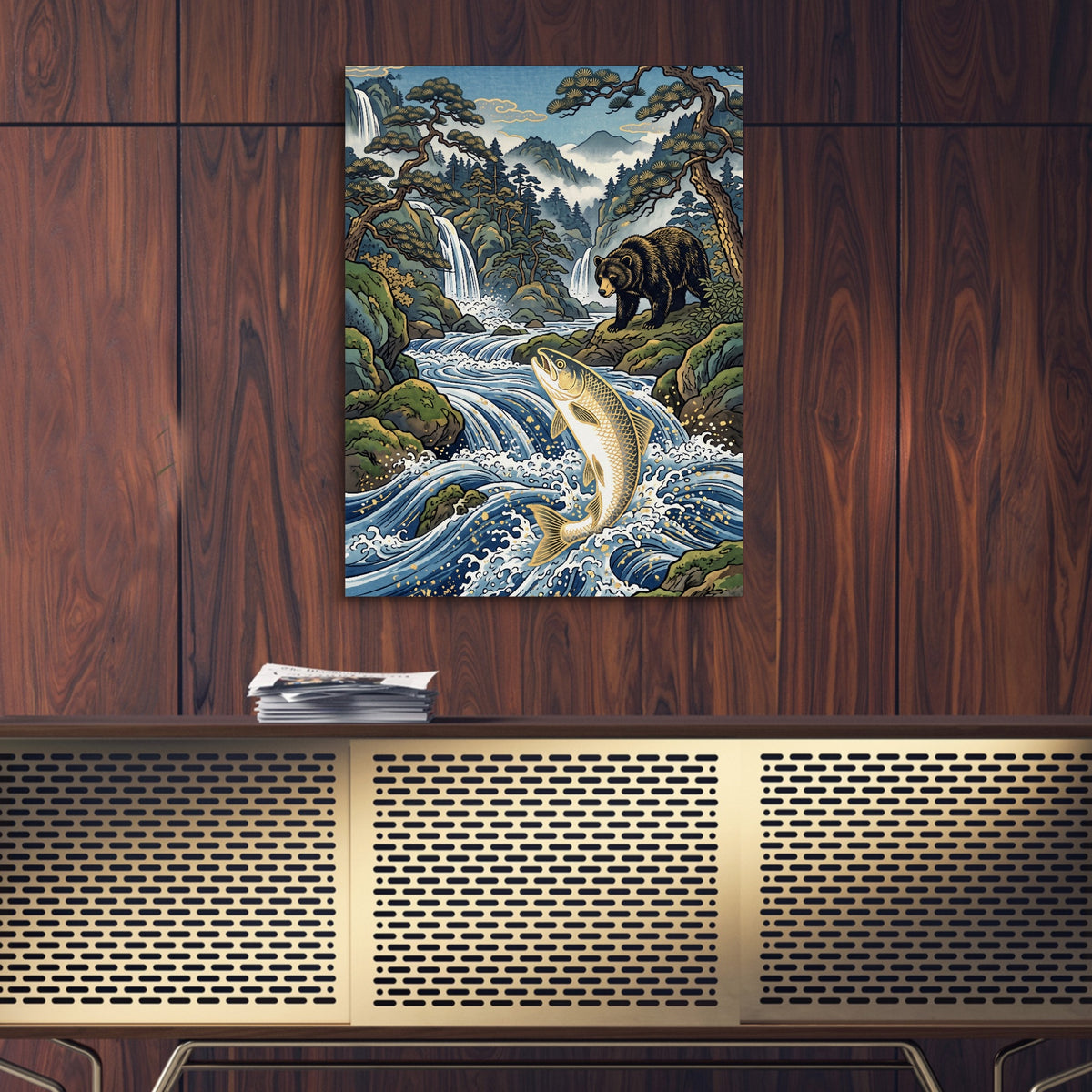 Bear Salmon Stream — bear salmon stream sq gold wood wall 1port flush print