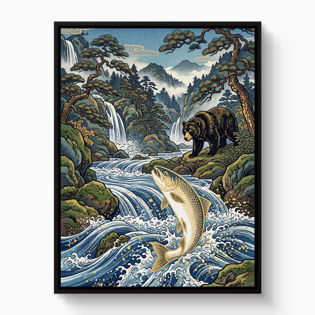 Bear Salmon Stream — bear salmon stream white studio framed black