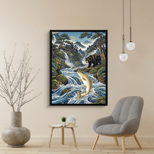 Bear Salmon Stream — bear salmon stream sq beige wall 1port framed black