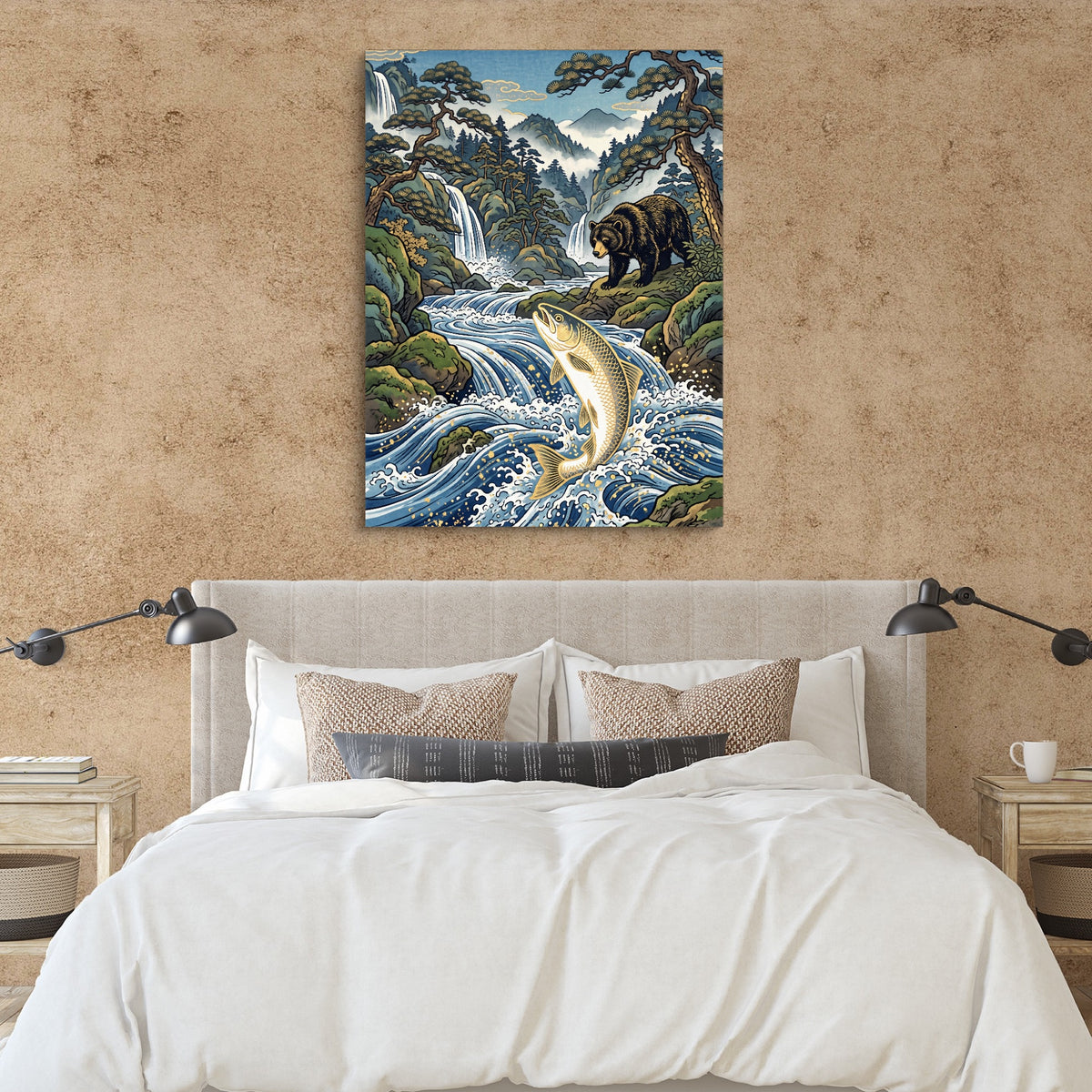 Bear Salmon Stream — bear salmon stream sq clay paper bedroom 1port flush print
