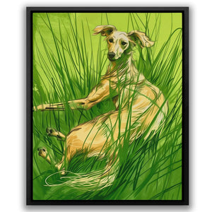 a painting of a dog sitting in tall grass