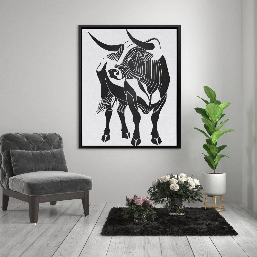 a black and white drawing of a bull