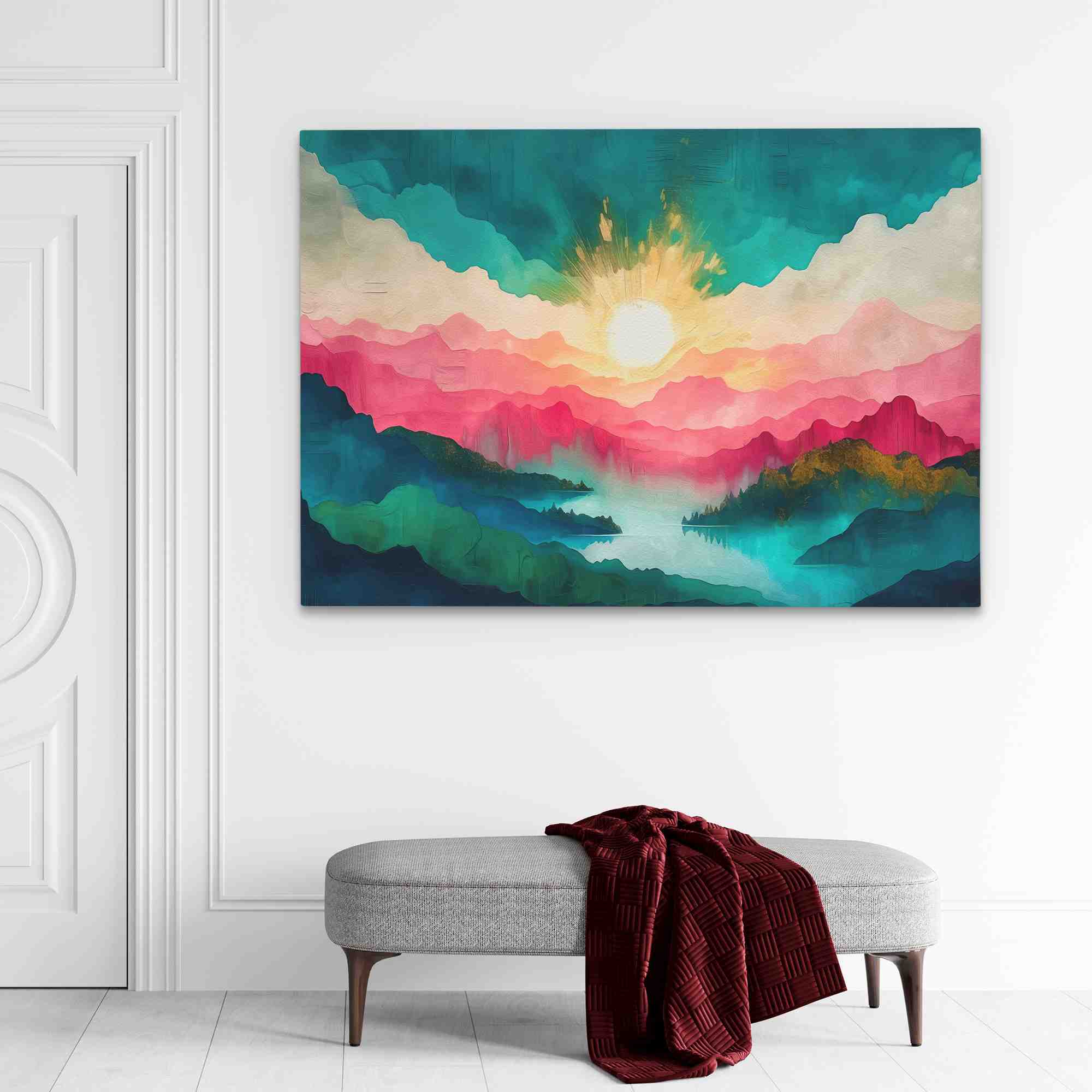 a painting of a sunset over a lake
