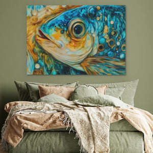 a painting of a fish on a wall above a bed