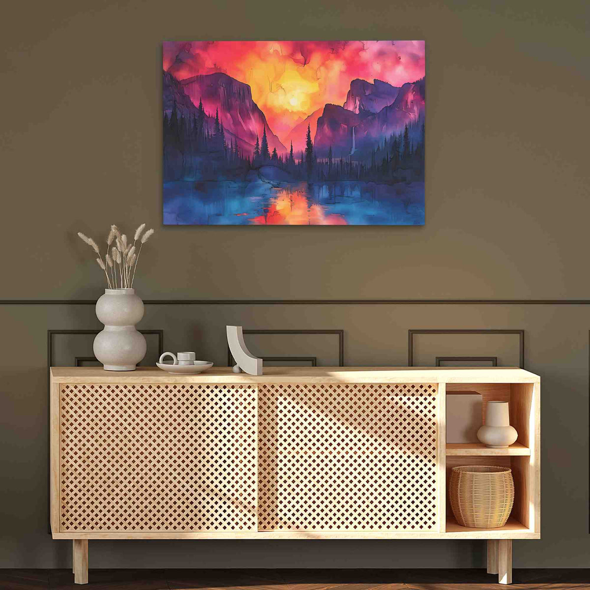 a painting hanging on a wall above a wooden cabinet