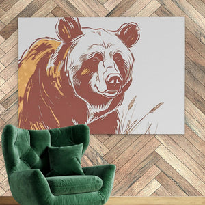 a green chair sitting in front of a painting of a bear