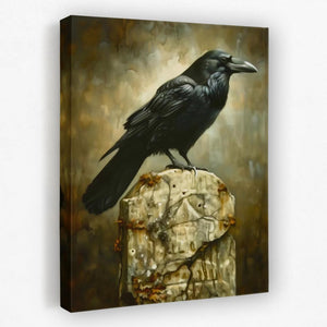 a painting of a black crow sitting on a rock