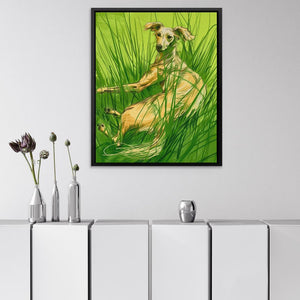 a painting of a dog sitting in the grass