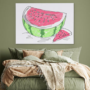 a watermelon painting on a wall above a bed