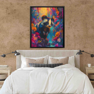 a painting of a bear on a wall above a bed