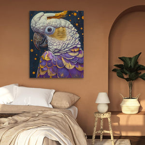 a painting of a parrot on a wall above a bed