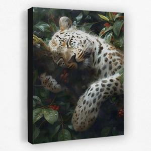 a painting of a leopard resting on a tree branch