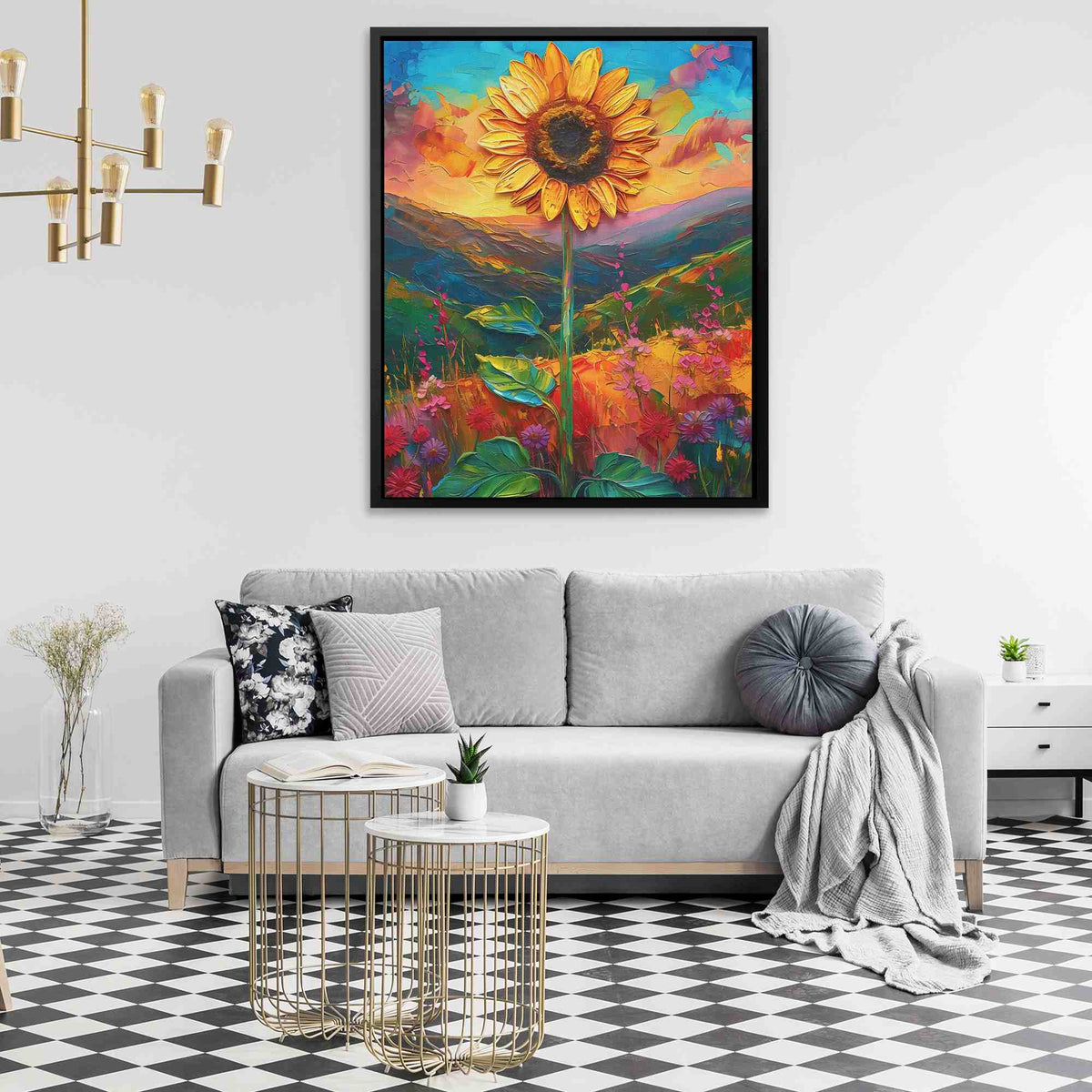 a living room with a couch and a painting on the wall