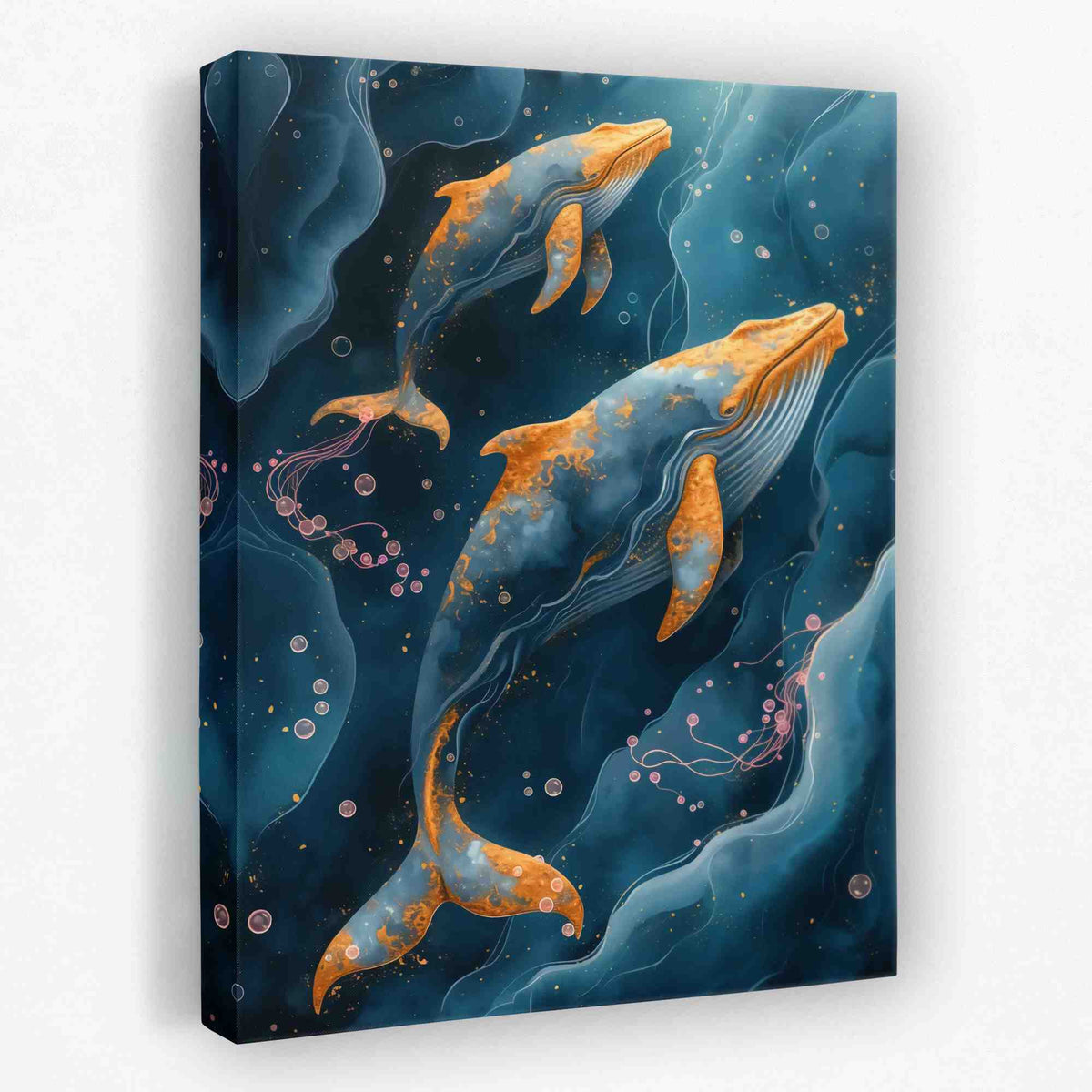 a painting of two dolphins swimming in the ocean