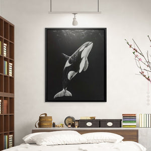 a black and white photo of a whale in a bedroom