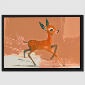 a painting of a deer running in the snow