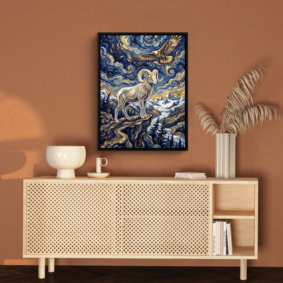 Bighorn Eagle Starry Night — bighorn eagle starry night sq brown wall 1port framed black