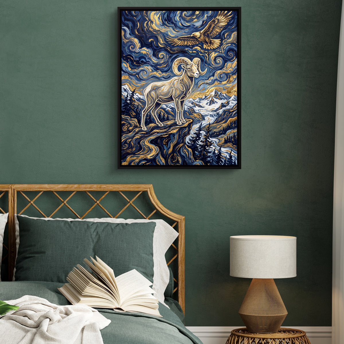 Bighorn Eagle Starry Night — bighorn eagle starry night sq green bed 1port framed black