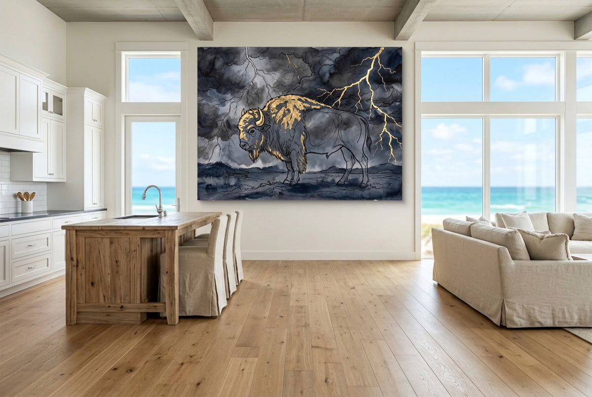Bison Golden Storm — bison golden storm living room with ocean view 2 1land flush print