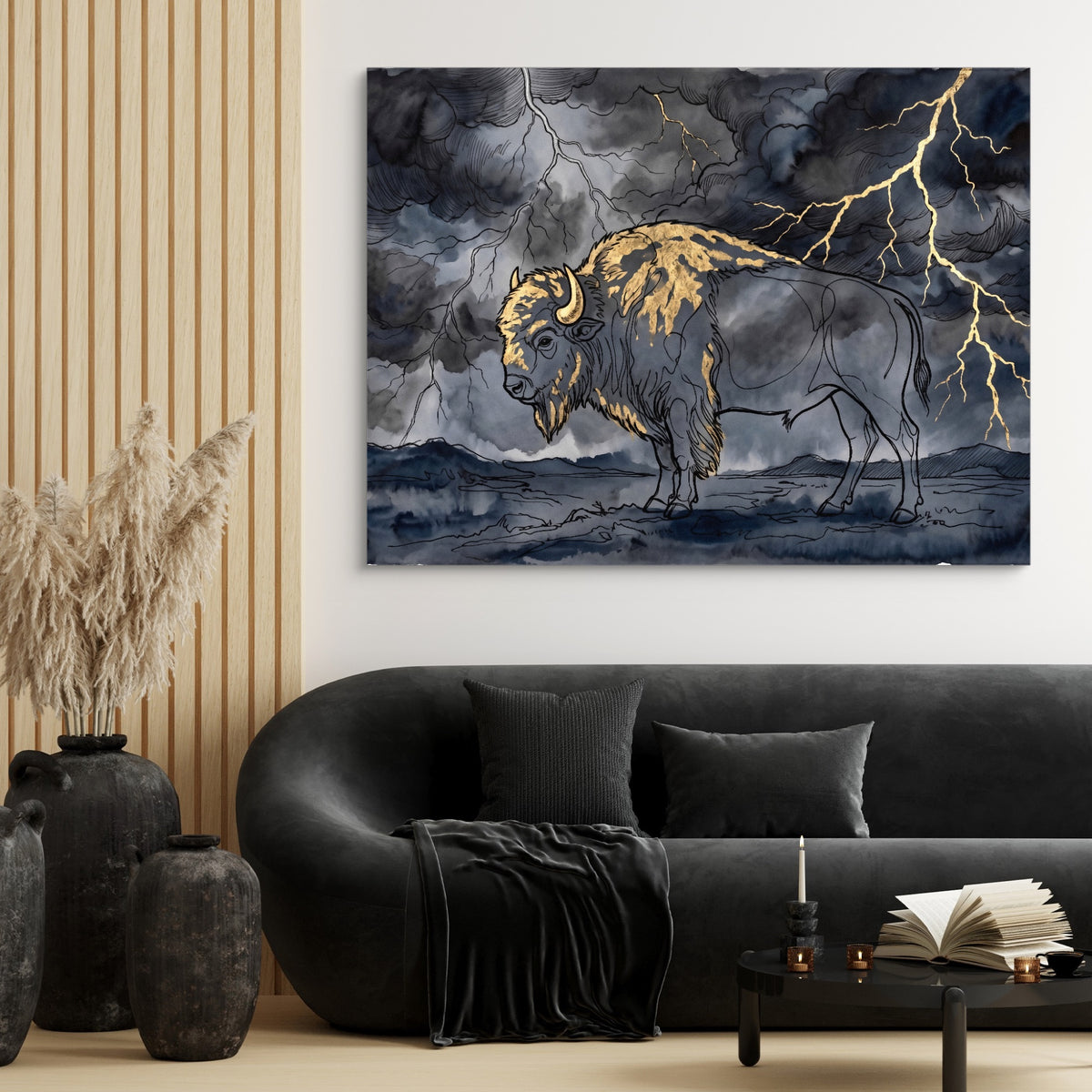 Bison Golden Storm — bison golden storm sq black couch and wood walls 1land flush print