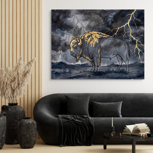Bison Golden Storm — bison golden storm sq black couch and wood walls 1land flush print