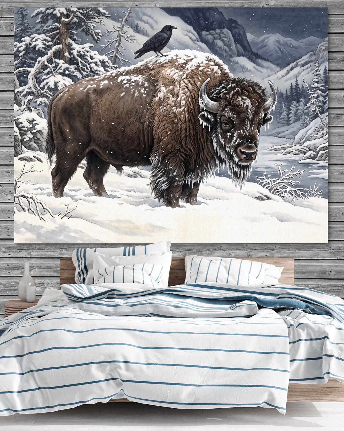 Bison Winter Gaze — bison winter gaze psd grey wood bedroom 1land flush print