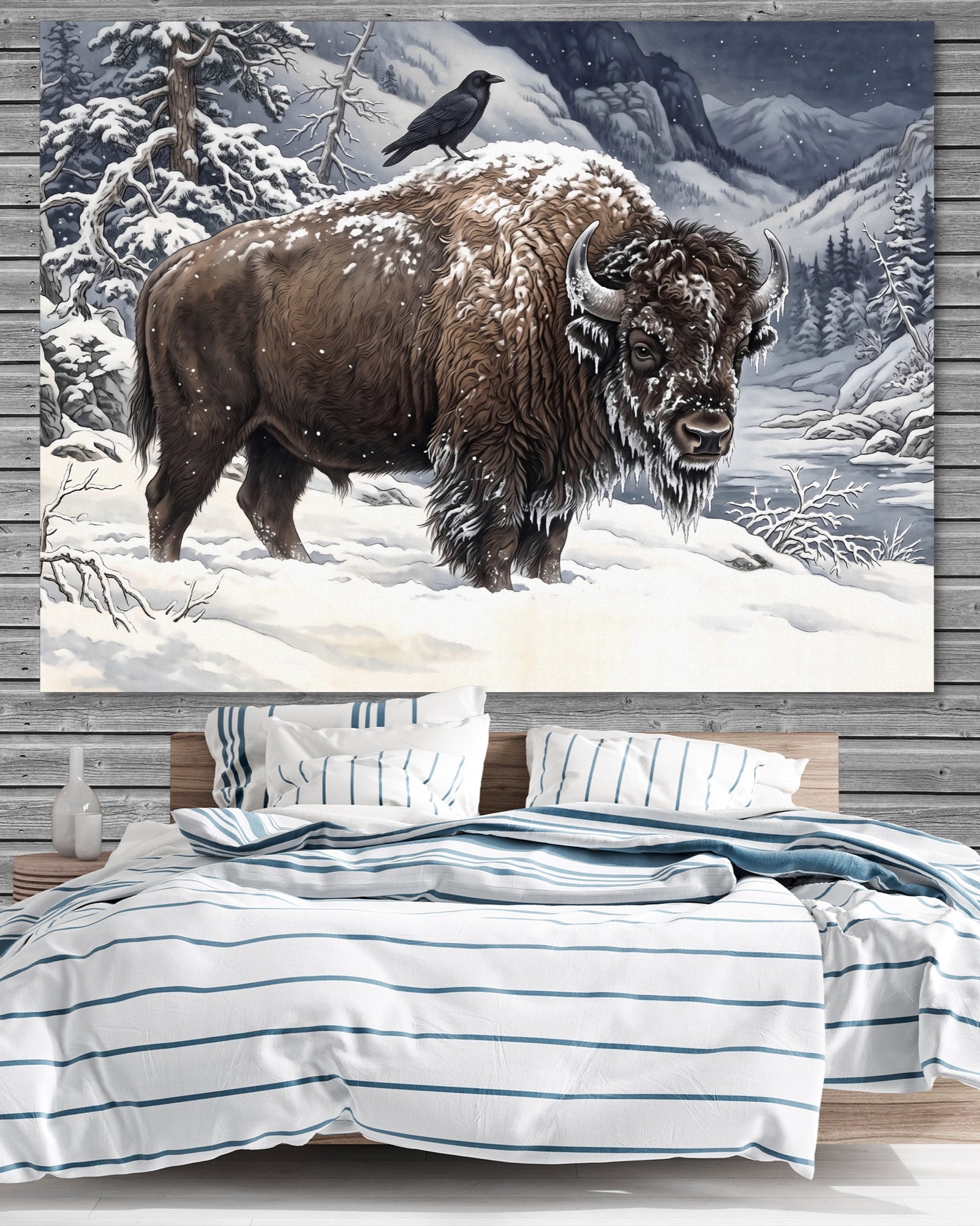 Bison Winter Gaze — bison winter gaze white studio framed black