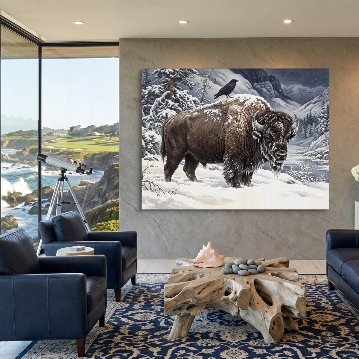 Bison Winter Gaze — bison winter gaze sq coastal views 1land flush print