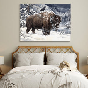 Bison Winter Gaze — bison winter gaze sq white bedroom 1land flush print