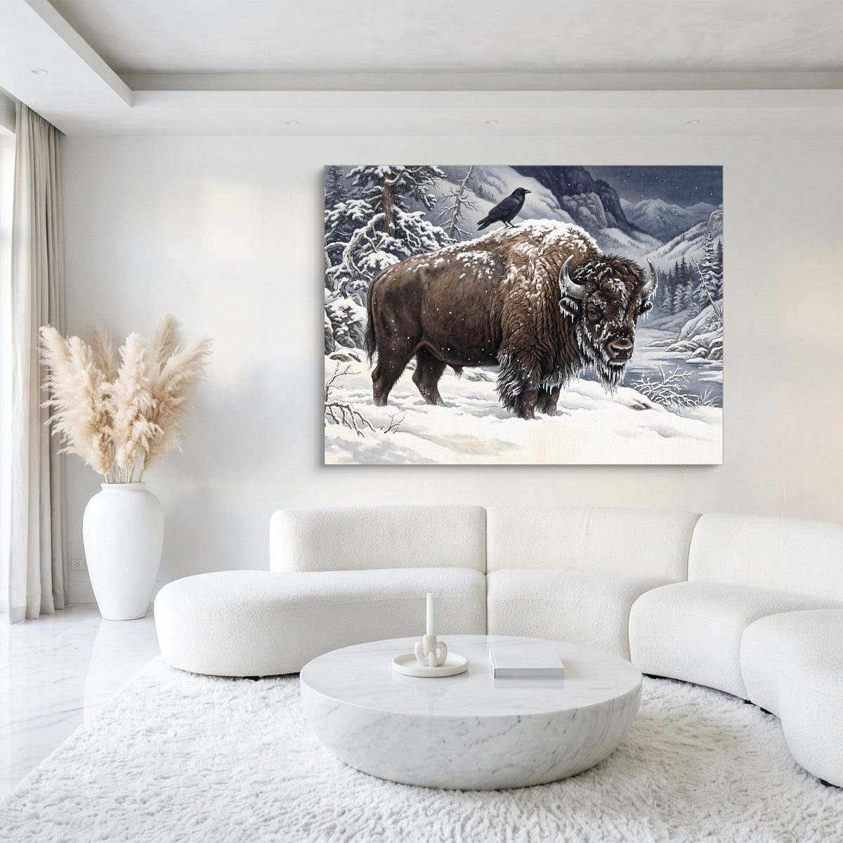 Bison Winter Gaze — bison winter gaze sq white luxury 1land flush print