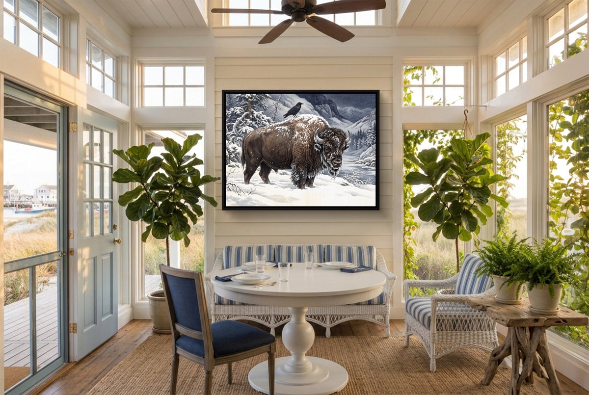 Bison Winter Gaze — bison winter gaze sunroom with furniture 1land framed black