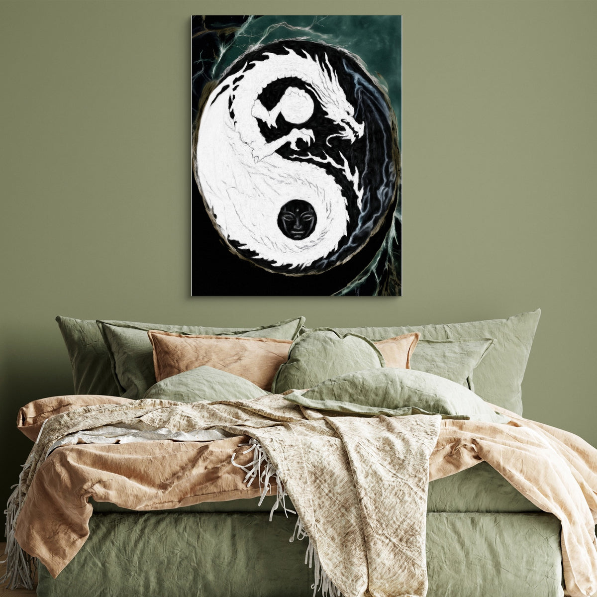 Black Dragon Yin Yang — black dragon yin yang sq green bedroom 1port flush print