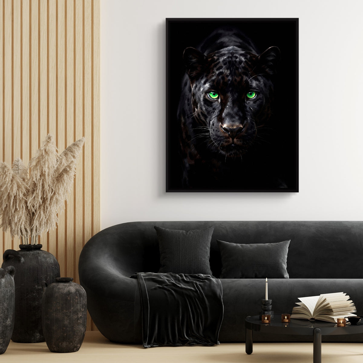Black Panther Emerald Stare — black panther emerald stare sq black couch and wood walls 1port framed black