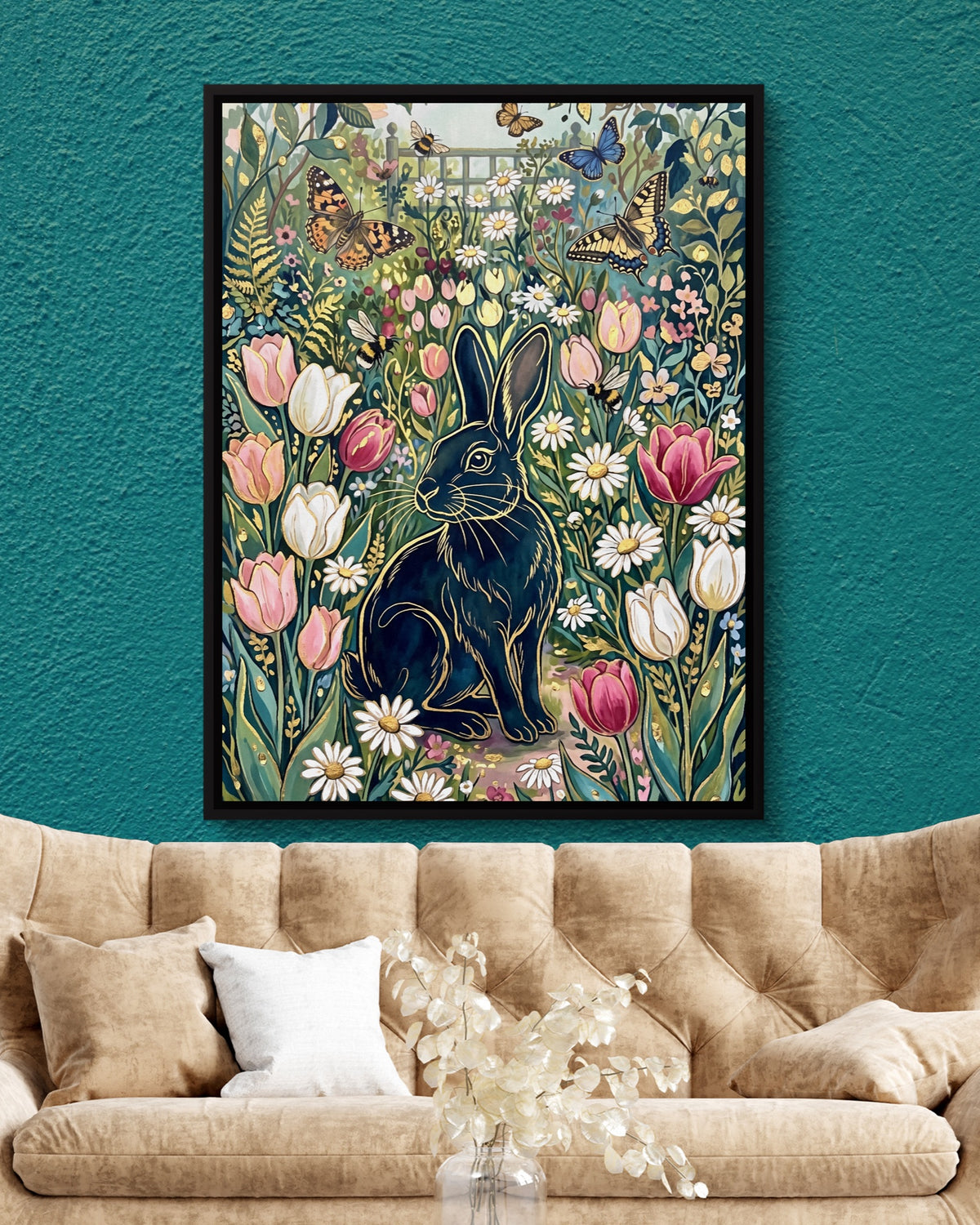 Black Rabbit Garden — black rabbit garden psd teal wall tan couch 1port framed black