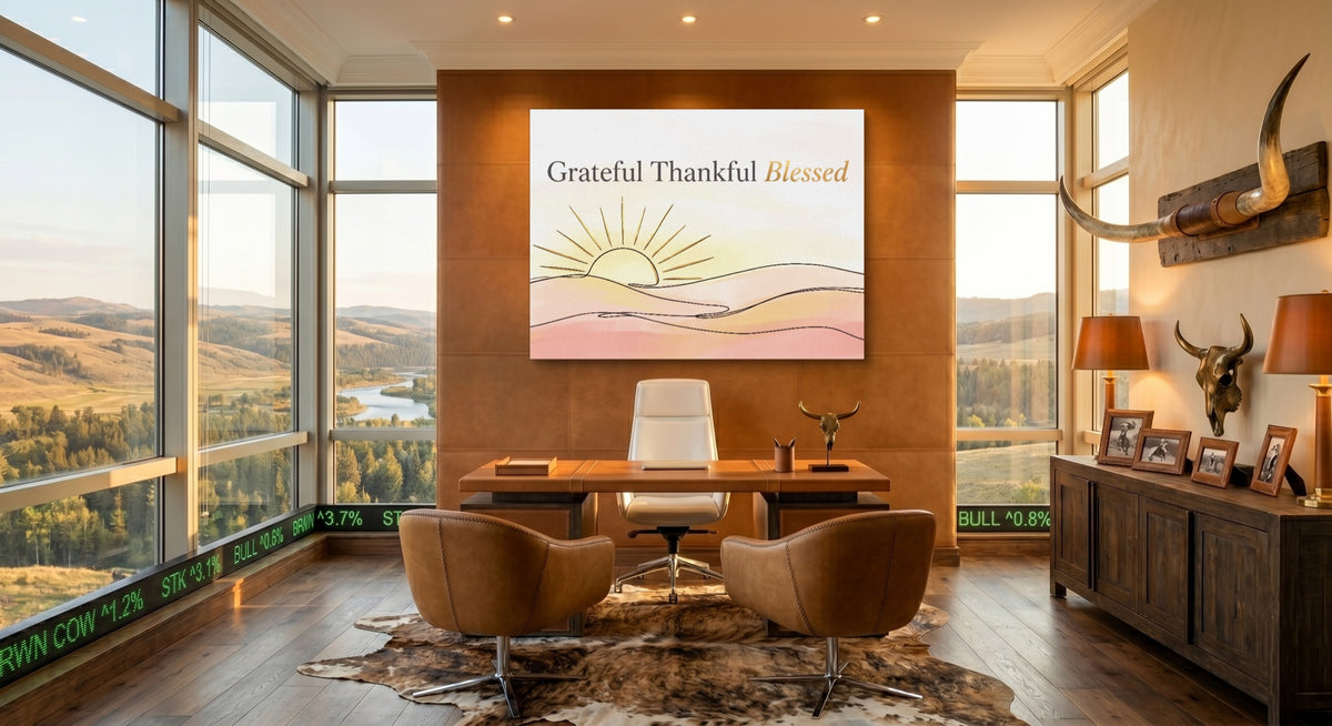 Blessed Desert Sunrise — blessed desert sunrise office with desk and chairs 1land flush print