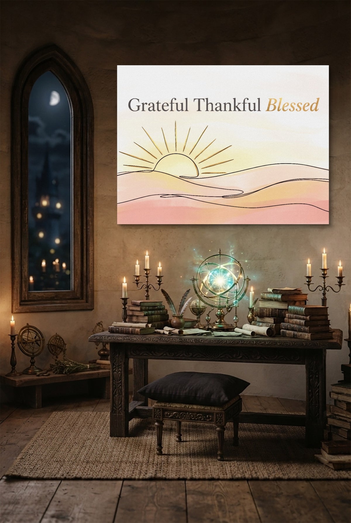 Blessed Desert Sunrise — blessed desert sunrise p desk with globe and books 1land flush print
